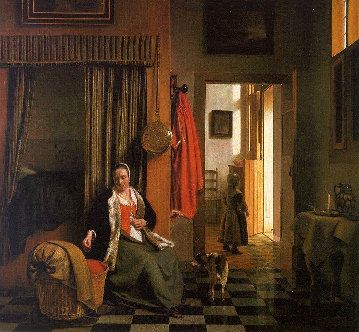 Pieter de Hooch Mother Lacing her Bodice Beside a Cradle Spain oil painting art